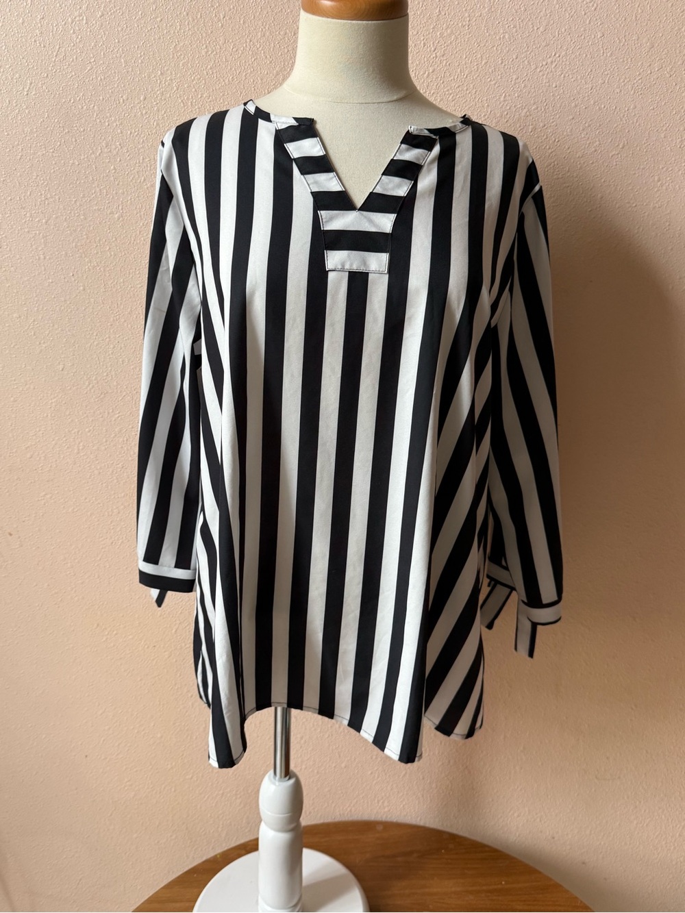 Black & White Striped V-Neck Women's Top